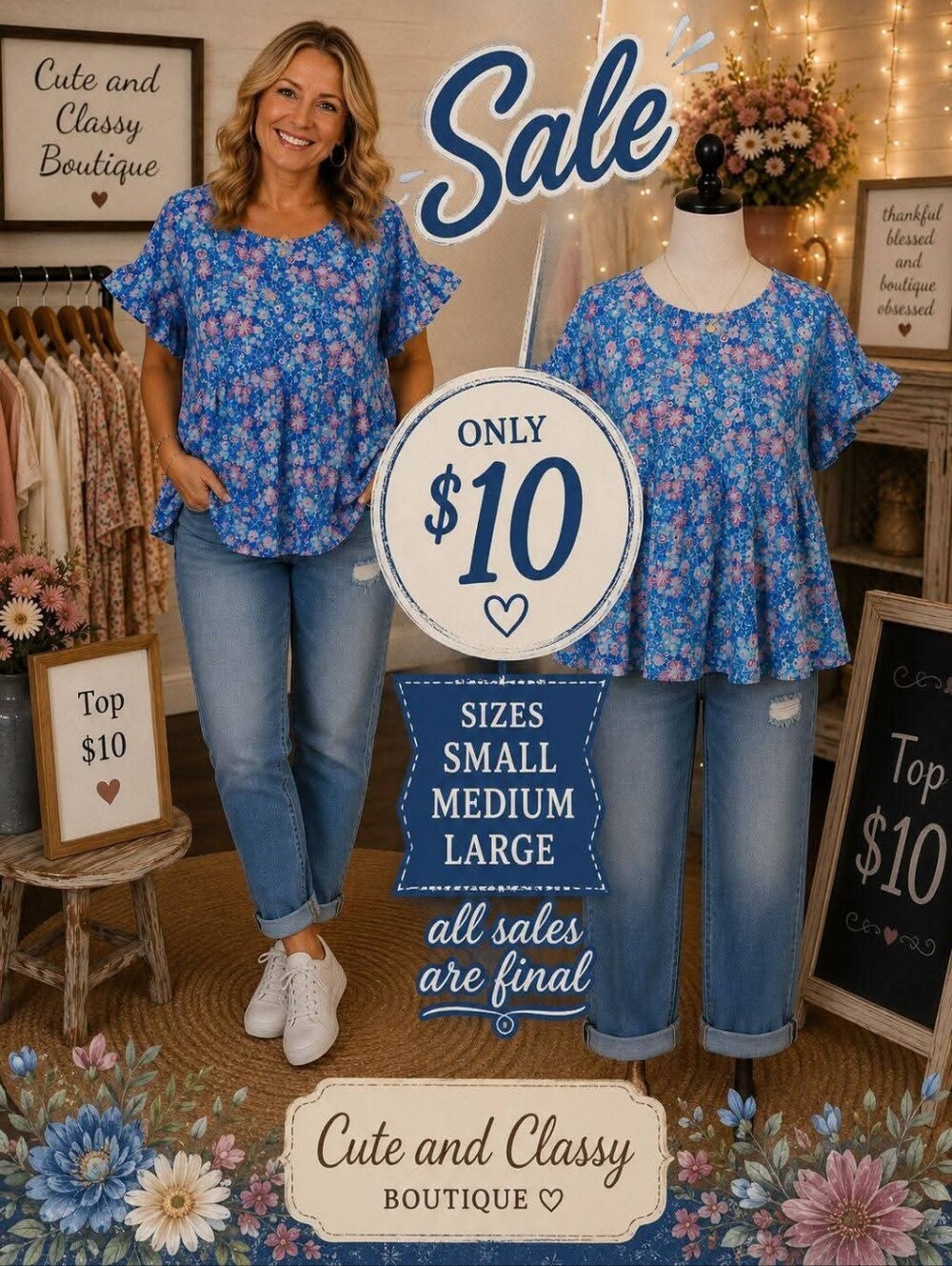 Blue Floral Flutter Sleeve Top